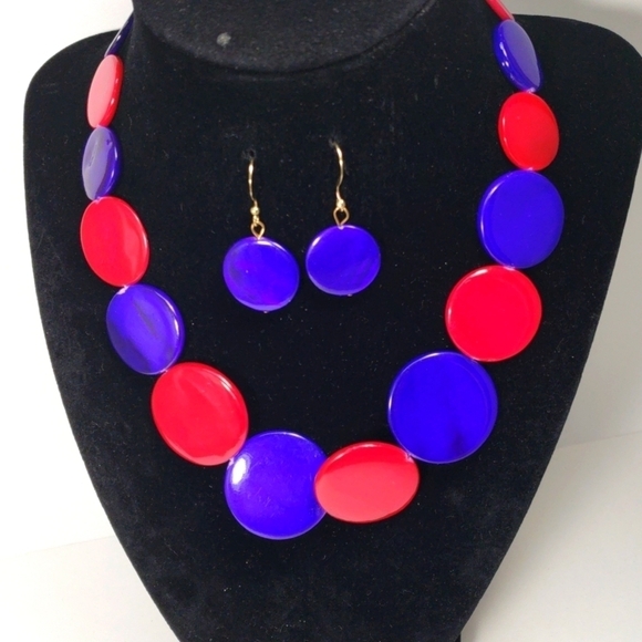 Gold tone Red & Blue Discs Beaded Statement Necklace, Matching Earrings - Women - Picture 3 of 6